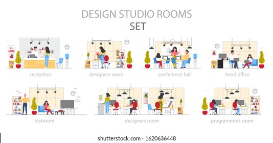Design studio room interior set. Office workplace for interior, industrial, graphic designer. Business area, creative elements and equipment. Vector flat illustration