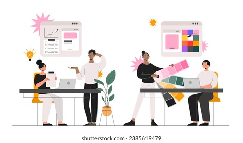 Design studio set. Men and women work at common project. Designers and freelancers at workplace. Develop of UI and UX website. Cartoon flat vector collection isolated on white background