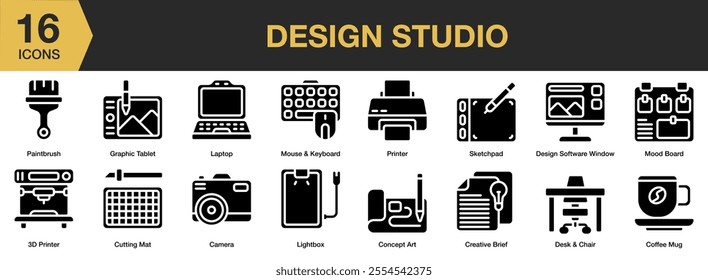 Design Studio solid icon set. Includes paintbrush, laptop, sketchpad, printer, lightbox, camera, 3d printer, and More. Solid icons vector collection.