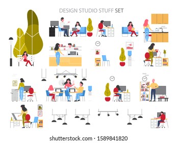 Design studio staff. Office workplace equipment for interior, industrial, graphic designer. Business area and creative elements. Vector flat illustration