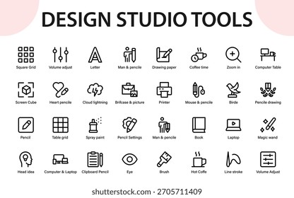 Lápices, cuadrículas, ideas, Elementos de diseño, iconos del espacio de trabajo, herramientas artísticas y símbolos de creatividad digital
