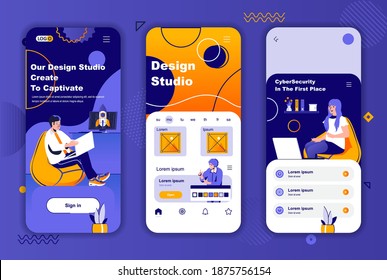 Design Studio Unique Design Kit For Social Networks Stories. Front End Development, Startup Project Launch Mobile Screens For App. UI UX Layouts Vector Illustration. GUI Set With People Characters.