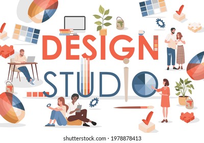 Design studio vector flat banner template with text space. Happy smiling people working at design project together. Graphic designer workplace with design symbols, color templates, and wheels.