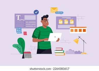 Design studio violet background concept with people scene in the flat cartoon design. Designer works on a laptop and creates creative designs for projects. Vector illustration.