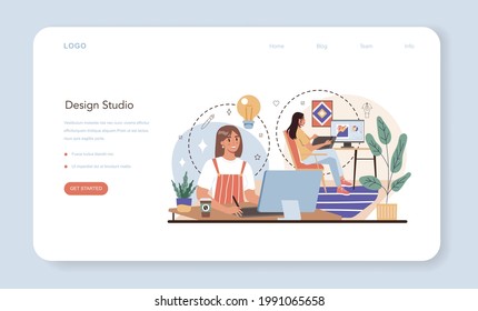 Design studio web banner or landing page. Advert designer or graphic illustrator. Artist creating modern advertisment. Digital drawing for product design concept. Flat illustration vector
