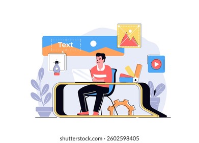 Design studio web concept with cartoon people design. Man drawing elements and images, choosing colors for website layout, making visualization. Flat vector illustration isolated on white background.