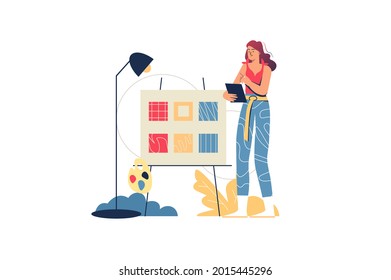 Design studio web concept. Woman illustrator drawing images on tablet, painting with paints on canvas. Creative worker in agency, minimal people scene. Vector illustration in flat design for website