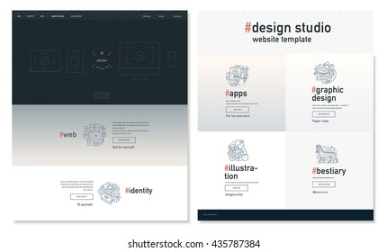 Design Studio Website Flat Contemporary Template - Website Layout On Design With Topic Blocks Of Graphic Design, Web Design, Identity, Illustration, Application Development, Company Profile, Bestiary