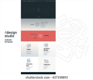 Design Studio Website Flat Contemporary Template - Website Layout On Design With Topic Blocks Of Graphic Design, Web Design, Identity, Illustration, Application Development, Company Profile, Bestiary