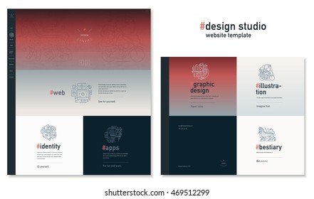 Design Studio Website Flat Contemporary Template - Website Layout On Design With Topic Blocks Of Graphic Design, Web Design, Identity, Illustration, Application Development, Company Profile, Bestiary