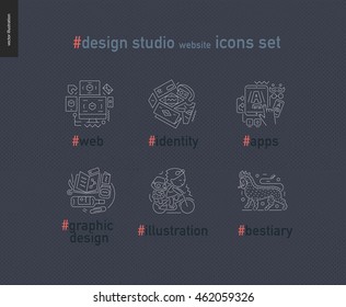 Design Studio Website Outlined Icons Set - Contemporary Flat Vector Icons Of Web Design, Identity, Graphic Design, App Development, Illustration And Team Bestiary, For Design Studio Website, On Dark