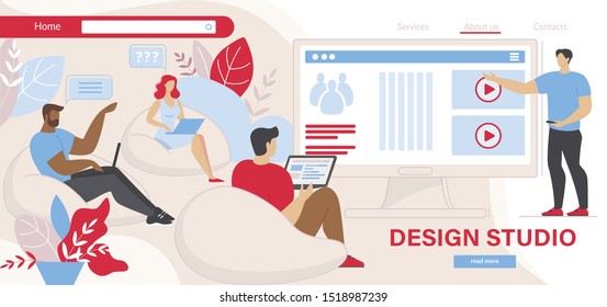Design Studio Working Process. Group of People Designers Sitting with Laptops at Huge PC Screen. Tutor or Company Leader Explaining Information. Cartoon Flat Vector Illustration, Horizontal Banner