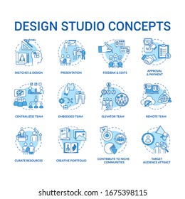 Design Studio, Workshop Concept Icons Set. Designers Team Types And Creative Process Steps Idea Thin Line RGB Color Illustrations. Vector Isolated Outline Drawings. Editable Stroke