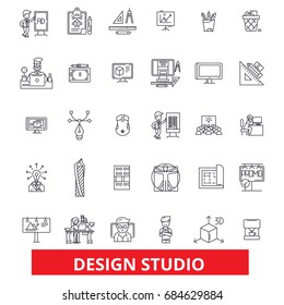 Design Studio, Workshop, Office, Agency, Company, Bureau, Artistic, Creative Line Icons. Editable Strokes 