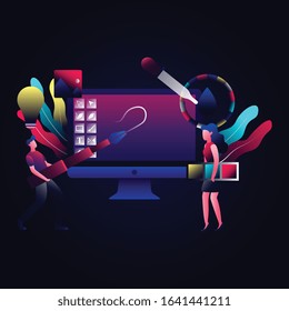 Design studios, content development, graphic design, education, creativity, art, flat vector illustration ideas. Online courses, tutorials for mobile and web graphics