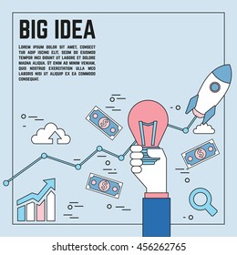 Design style concept of big idea, finding solution, brainstorming, creative thinking. Modern line style illustration for web banners, hero images, printed materials