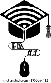 Design with styling, sign for distance learning.
Academic cap with the Internet sign, computer mouse with shelves and books. As symbols for distance learning students solving homework.