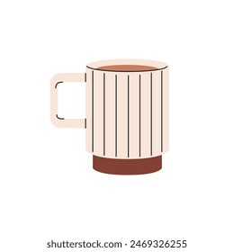 Design of stylish cup with pastel colours. Cute handmade mug with modern shape, form. Pottery teacup for coffee, cocoa, tea, hot drinks, beverages, water. Flat isolated vector illustration on white