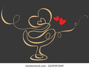Design stylish postcard glass glass one gold line with red hearts. Vector isolated drawing of drink in glass container on dark background. Exquisite continuous line. Design restaurant, date, wedding