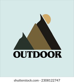 design Stylized mountain shape with three peaks and sunrise behind it, natural color, Logo for outdoor adventure