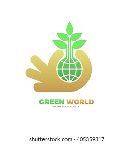 The Design Is Suitable For All Ecology Related Businesses, Innovative Materials And Technologies, Water, Fresh Food And Nature. Hand Holding Green Leafs And Globe Eco Icon.