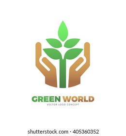 The design is suitable for all ecology related businesses, innovative materials and technologies, water, fresh food and nature. Hands holding Green leafs Eco icon.
