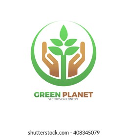 The design is suitable for all ecology related businesses, innovative materials and technologies, water, fresh food and nature. Hand holding Green leafs Eco icon.