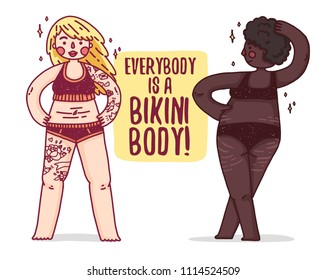 Design summer banner with group of girls plus size in swimsuits. Body positive poster with white and afro girl for bikini body. Illustration with cute female with overweight and stretch marks. Vector.