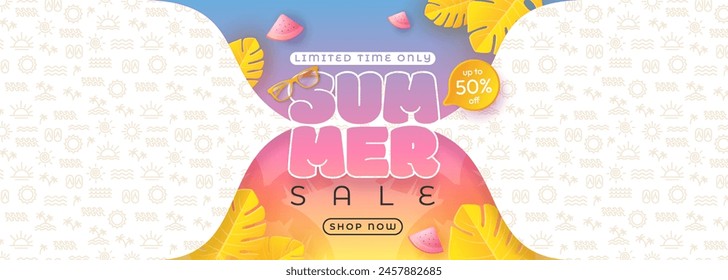 The design for the summer sale features a paper-cut tropical background in bright colors. Combining the concept of tropical leaves and discount vouchers. Vector illustration template.