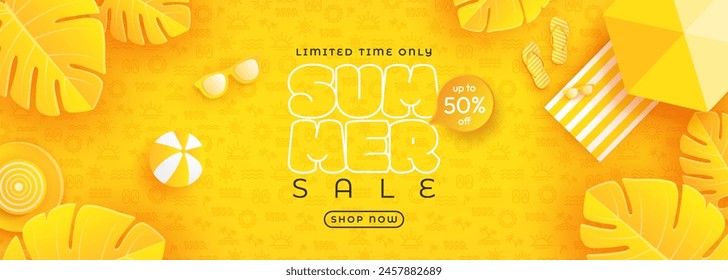 The design for the summer sale features a paper-cut tropical background in bright colors. Combining the concept of tropical leaves and discount vouchers. Vector illustration template.