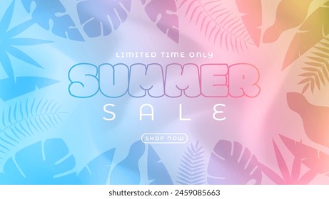 The design for the summer sale features a paper-cut tropical background in bright colors. Combining the concept of tropical leaves and discount vouchers. Vector illustration template.