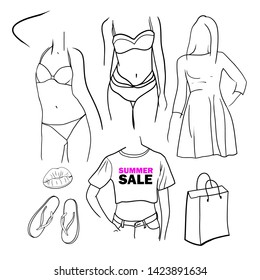 Design of the summer seasonal sale of clothing stores for women, accessories, a set of digital graphic drawings
