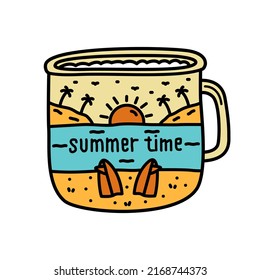 design of summer time , surfboard on the beach in cup frame for badge, sticker, patch, t shirt design, etc