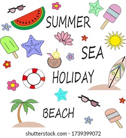 Design of a summer time vector with colorful beach elements on a white background. Vector illustration.