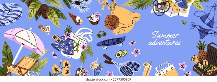 Design of summer travel advertising banner. Template of sea resort promotion with holiday items. Tourists' stuff and beach accessories: bikini, chaise lounge, clothes, fruit. Flat vector illustration