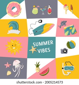 Design summer vibes party poster colorful template with vacation symbols. Usable for a post on social networks, flyer, invitation, website banner, greeting card, book cover. Vector flat illustration