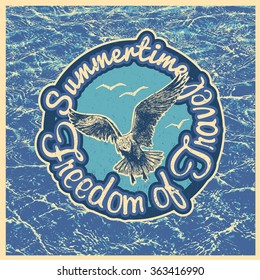 Design "Summertime Freedom of Travel" with seagull and water waves. typography vector illustration.