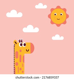 Design a sun with eyes and smiling with a giraffe and clouds professionally and beautifully
