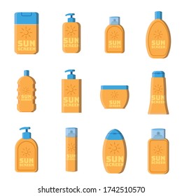 Design of sun protection cosmetic products with cream or moisturizer liquid. Sunscreen spray and tubes. Vector design.