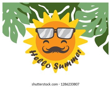 The design of the sun that looks cute and the green leaves on the back with a greeting as a component on a white tone background.