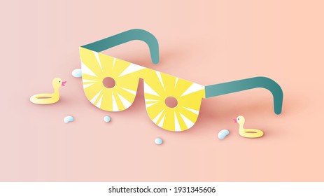 Design sunglasses pineapple shaped lens with yellow duck swim ring placed on beach in Summer. Sunglasses pineapple shaped lens. Design sunglasses. paper cut and craft style. vector, illustration.