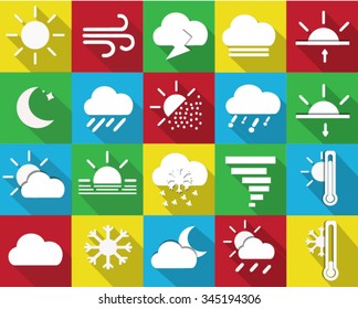 design of sunny, clear night, cloudy, breezy, rainy, haze, snow, thunder, dust, blizzard, partly cloudy, fog, hail, tornado and showers.