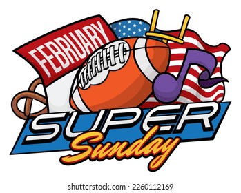 Diseño para el Super Domingo con calendario suelto, balón de fútbol gridiron, gol post, bandera estadounidense, pretzel y nota musical para el Gran Juego del Domingo en febrero.