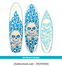 Design surfboard with a color and blue hand drawn pattern of bones and skulls. Located on the white background