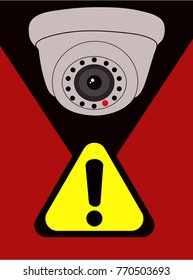 Design of surveillance camera icon with sign of warning. Technology for security and control.