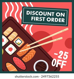 Design of sushi restaurant gift voucher. Template of traditional Japanese food cafe discount coupon. Special offer to roll set. Card of price off of Asian cuisine, seafood. Flat vector illustration