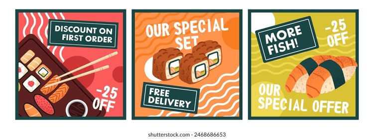 Design of sushi roll restaurant gift vouchers set. Templates of Japanese cafe menu discount coupons. Special offer to traditional Asian cuisine food, seafood on cards, flyers. Flat vector illustration