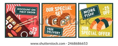 Design of sushi roll restaurant gift vouchers set. Templates of Japanese cafe menu discount coupons. Special offer to traditional Asian cuisine food, seafood on cards, flyers. Flat vector illustration