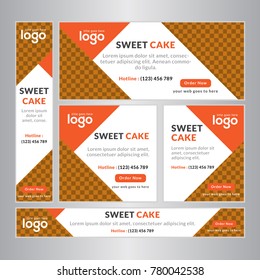 Design For Sweet Cake Web banners of different standard sizes. Templates with round place for photos, buttons. Vector illustration Set. Restaurant Banner