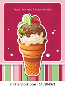 Design with Sweet ice cream greeting card, detailed vector illustration. Abstract Elegance food background